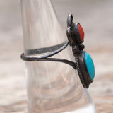 Vintage Sterling Turquoise and Coral Feather Ring 6.5