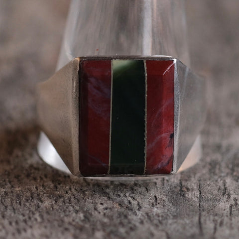 Vintage Sterling Green and Red Jasper Inlay Ring 15.25