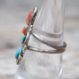 Vintage Sterling Turquoise and Coral Cluster Ring 7.5