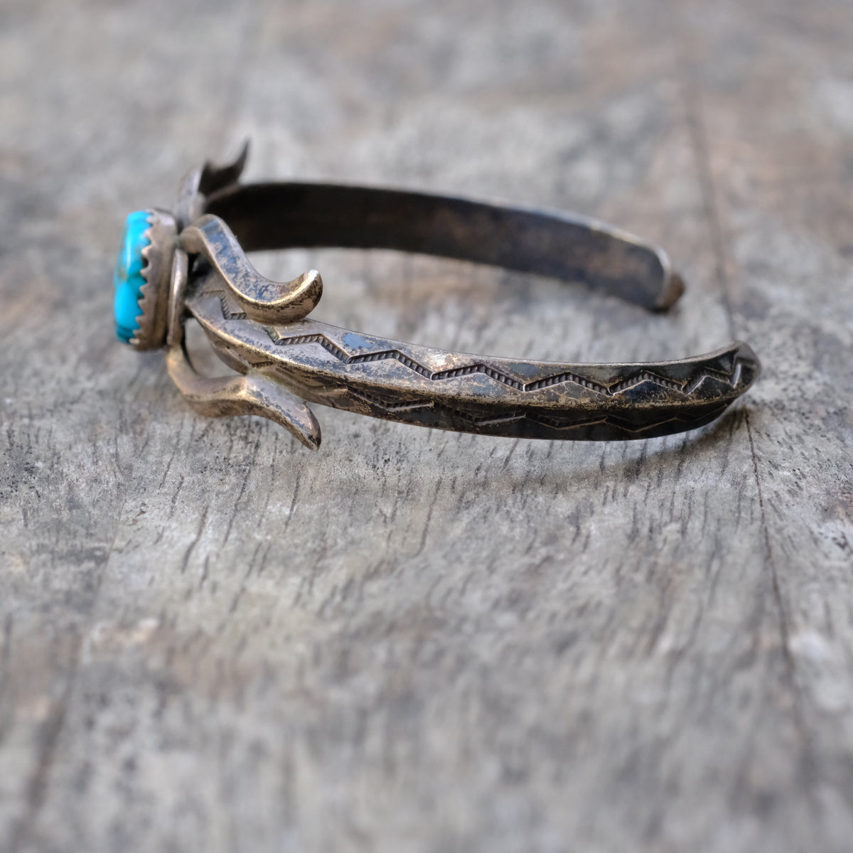 Vintage Sterling Turquoise Stamped Cuff Braceletx