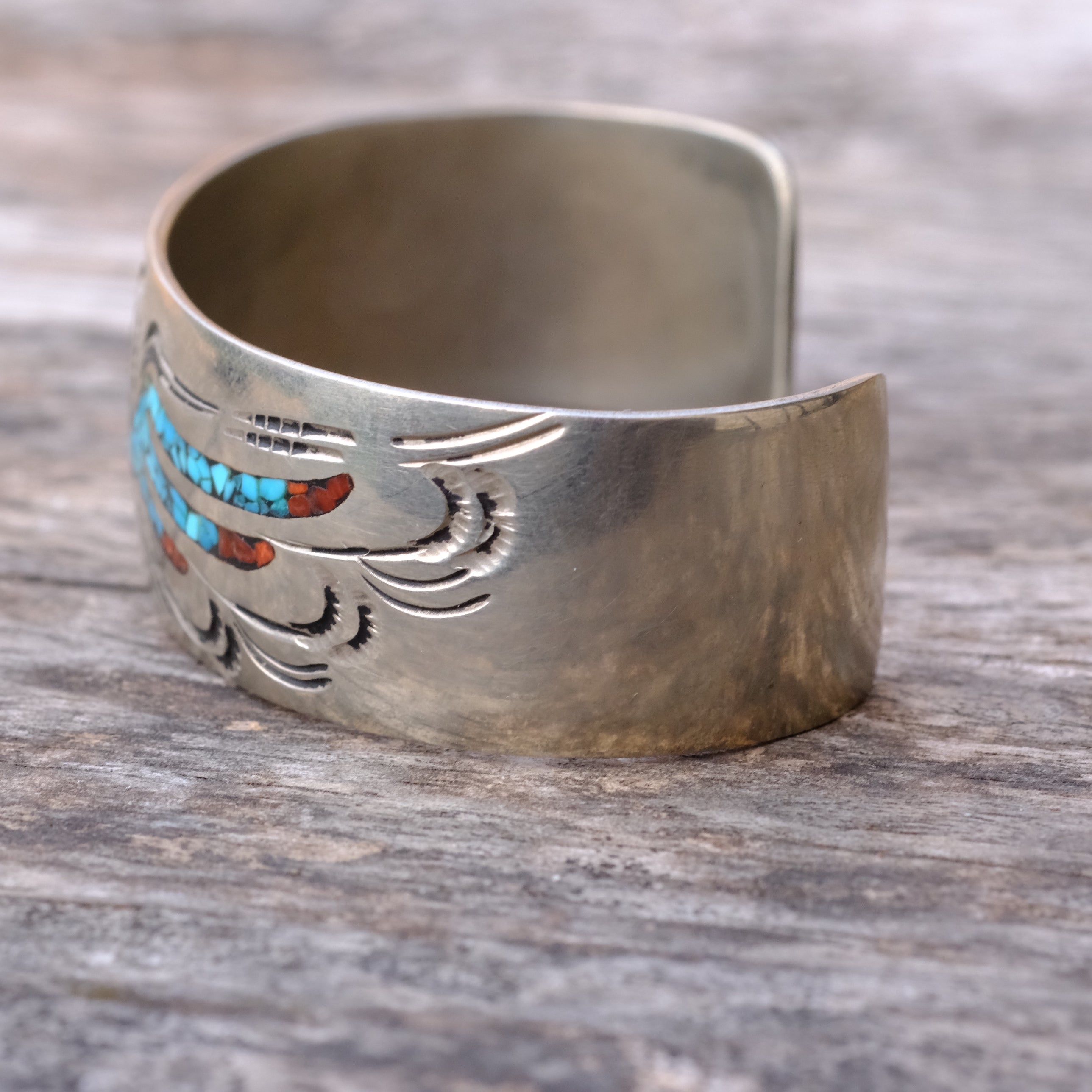 Vintage Sterling Turquoise and Coral Inlay Wide Cuff Bracelet