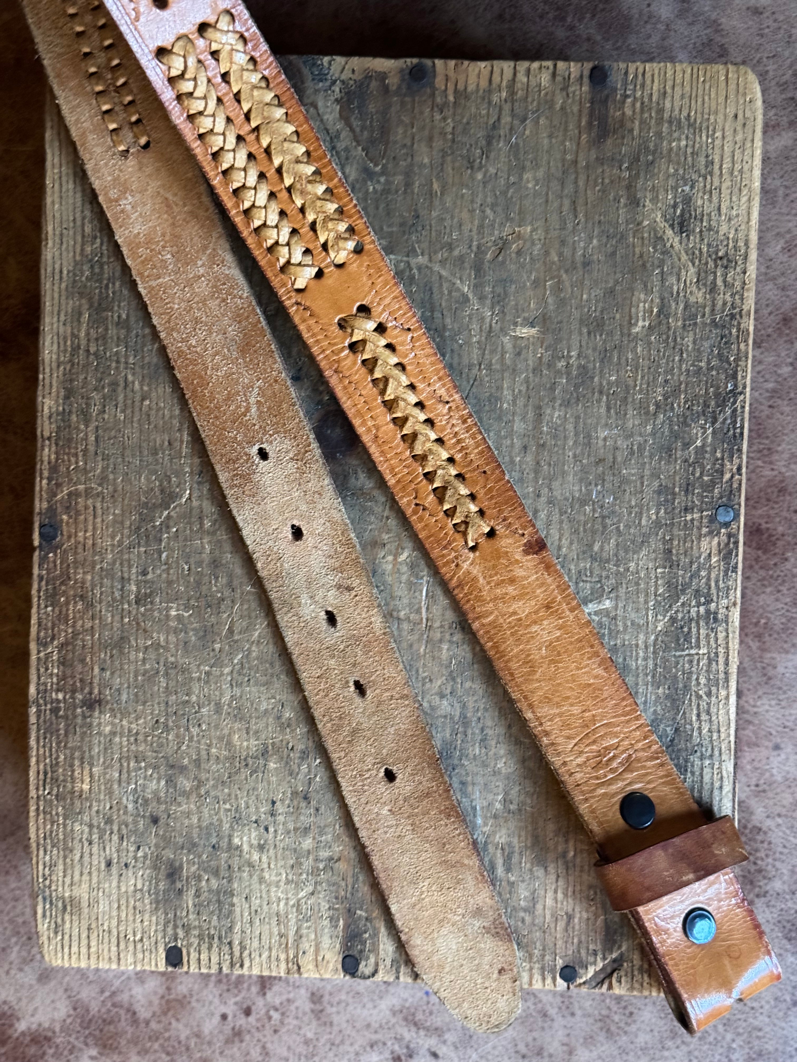 Vintage Stamped Laced Brown Leather Belt