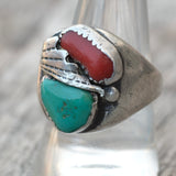 Vintage Sterling Turquoise and Coral Feather Ring 9.75