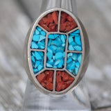 Vintage Sterling Turquoise and Coral Inlay Ring 8.25