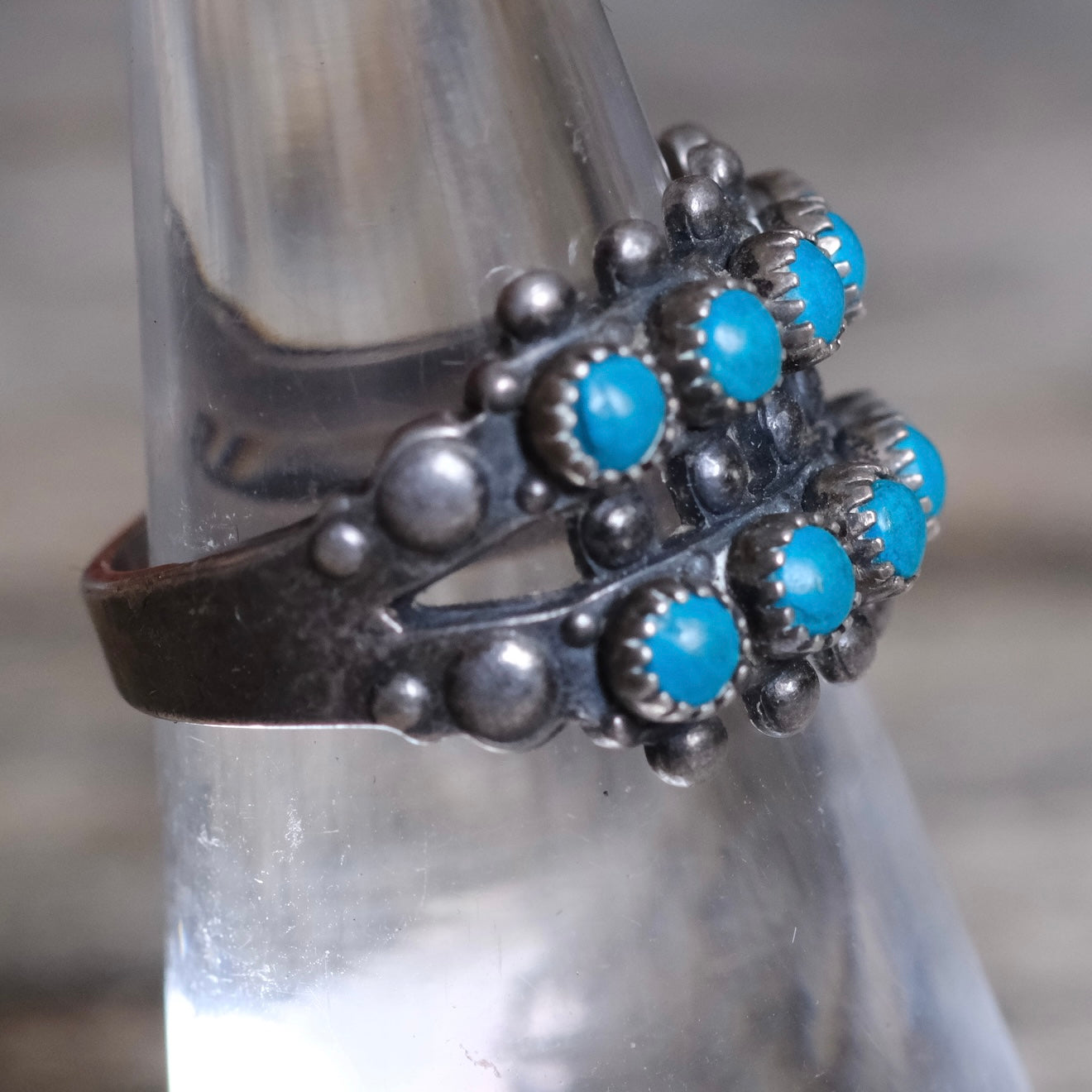 Vintage Sterling Snake Eye Turquoise Double Row Ring 6.25