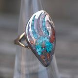 Vintage Sterling Turquoise and Coral Bear Paw Ring 6.25
