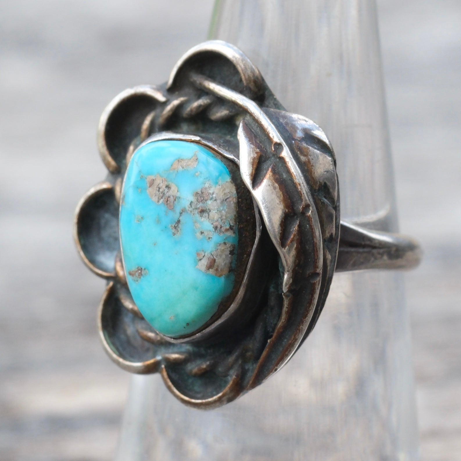 Vintage Sterling Turquoise Feather Ring 5.75