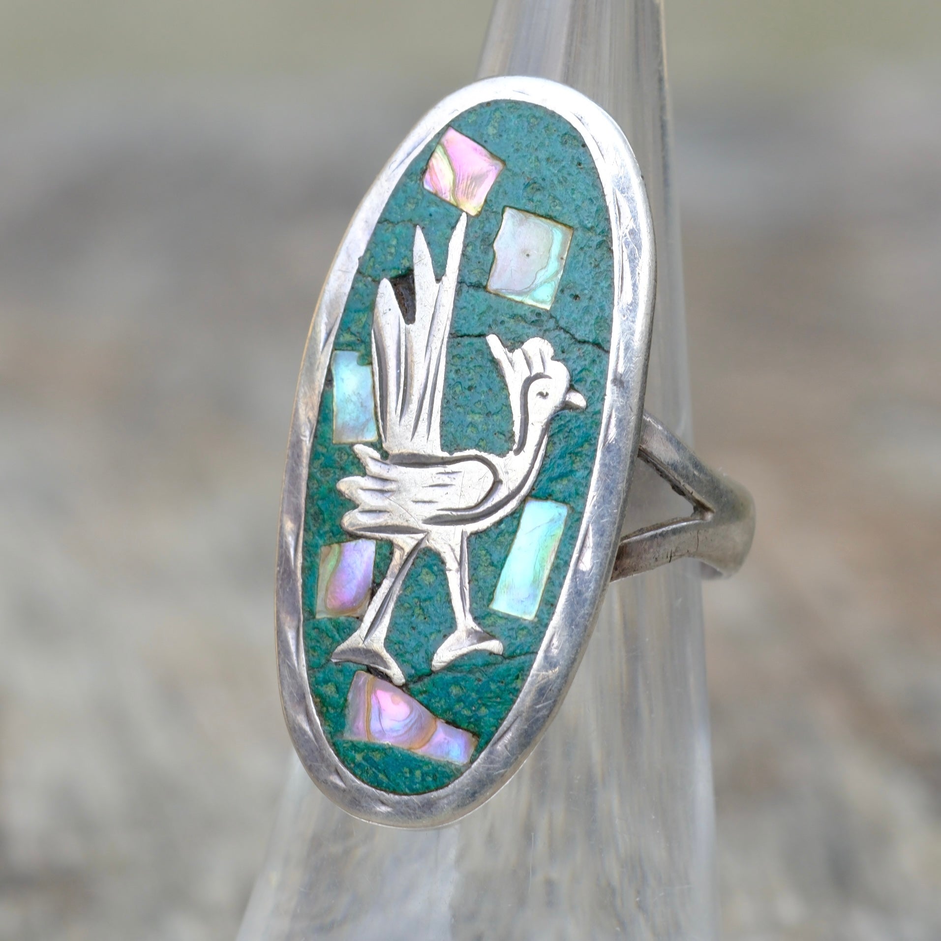 Vintage Sterling Turquoise and Abalone Roadrunner Ring 5