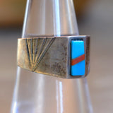 Vintage Sterling Turquoise and Coral Inlay Ring 7.5