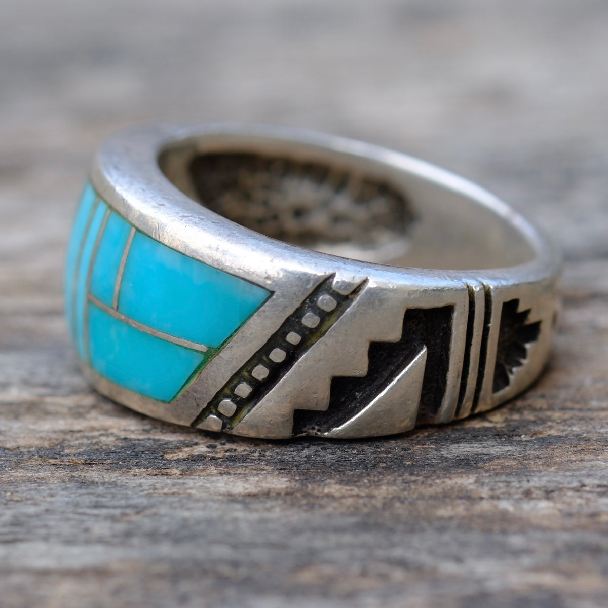 Vintage Sterling Turquoise Inlay Band Ring 9