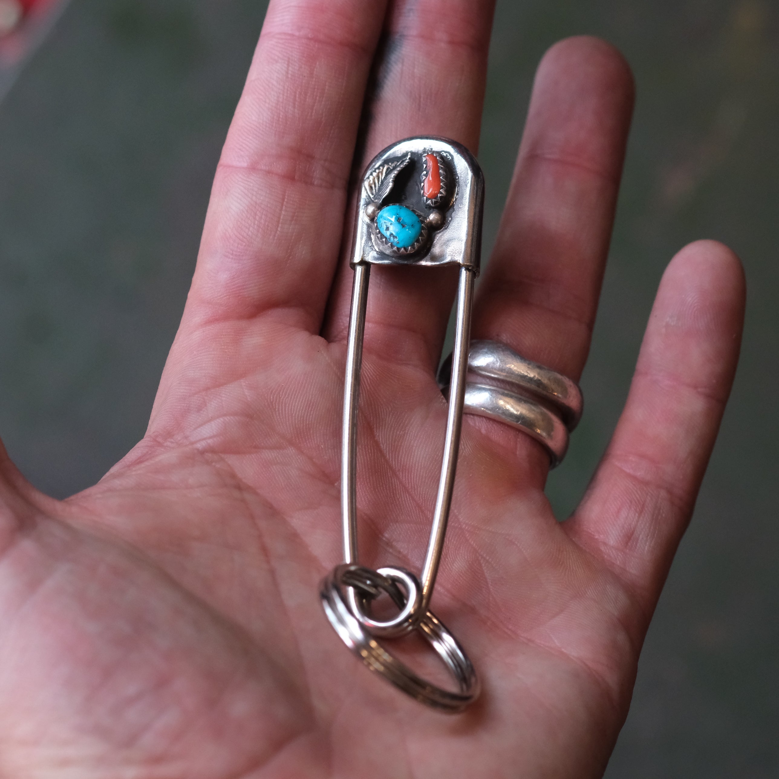 Vintage Turquoise and Coral Safety Pin Keychain 3"