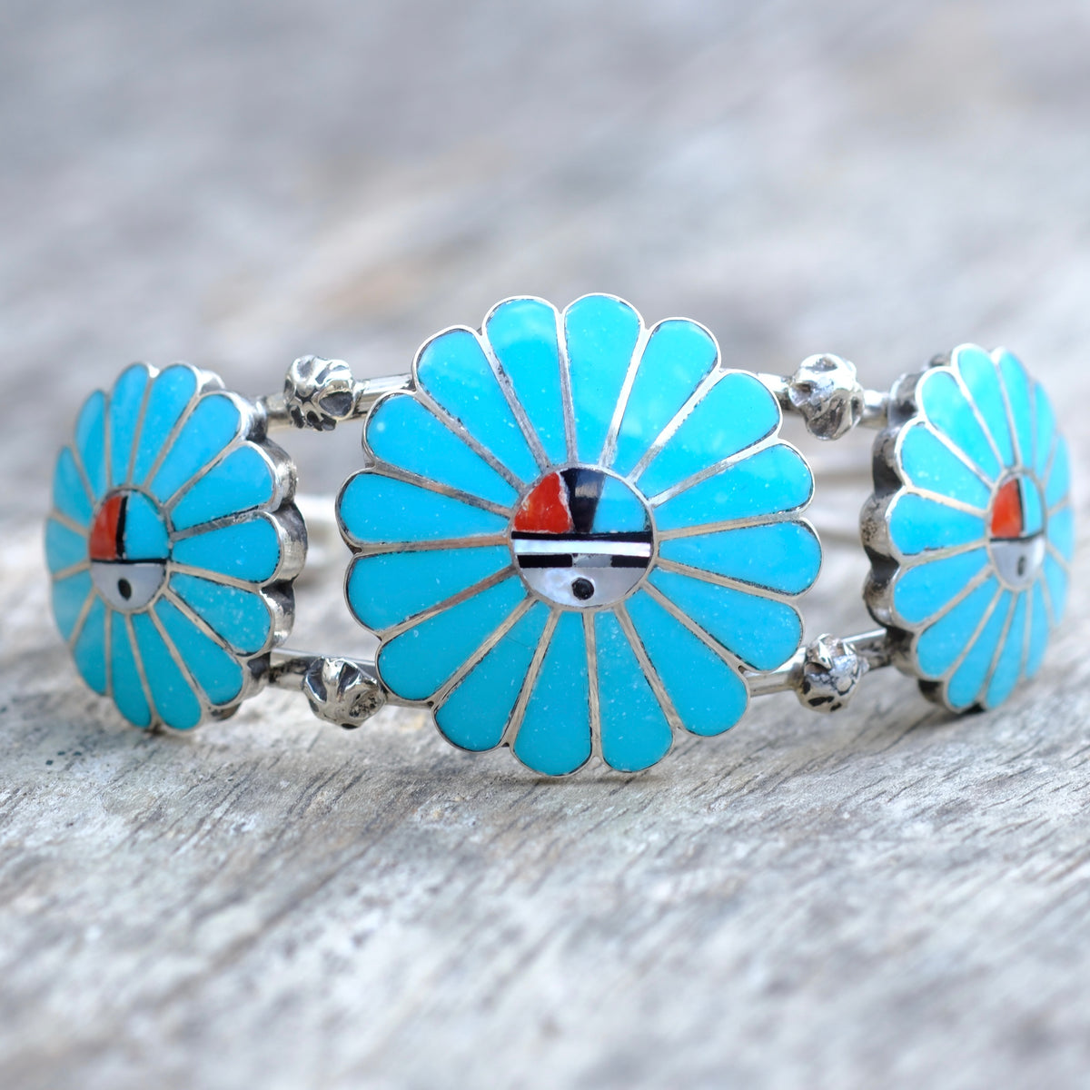 Vintage Sterling Zuni Inlay Sunface Cuff Bracelet Burdian Soseeah