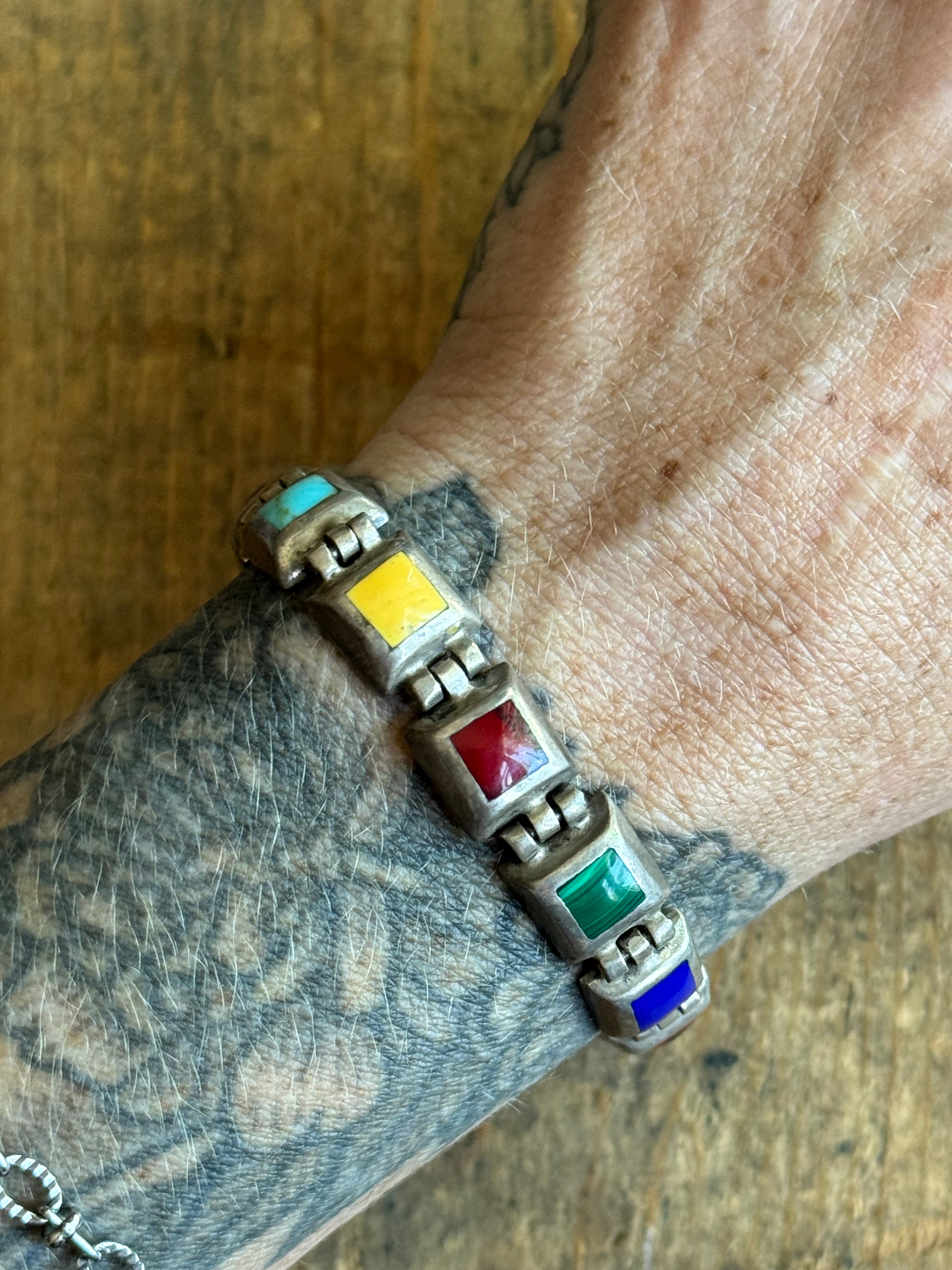 Vintage Sterling Silver Multistone Inlay Square Link Bracelet 8"