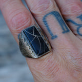 Vintage Sterling Onyx Inlay Ribbed Band Ring 10.5