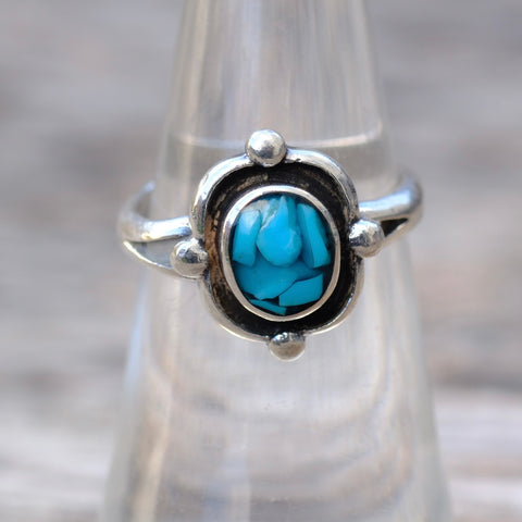 Vintage Sterling Turquoise Chip Inlay Ring 6