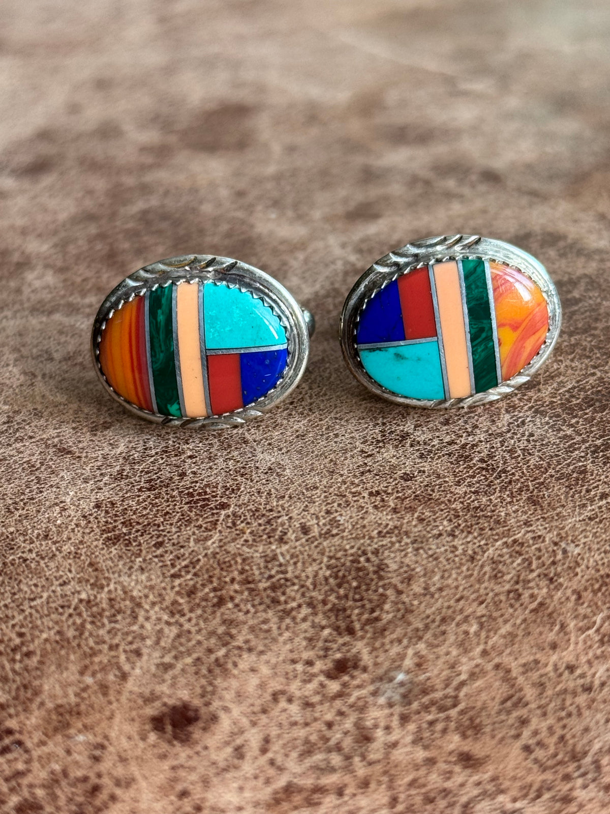 Vintage Sterling Silver Multistone Inlay Framed Cufflinks