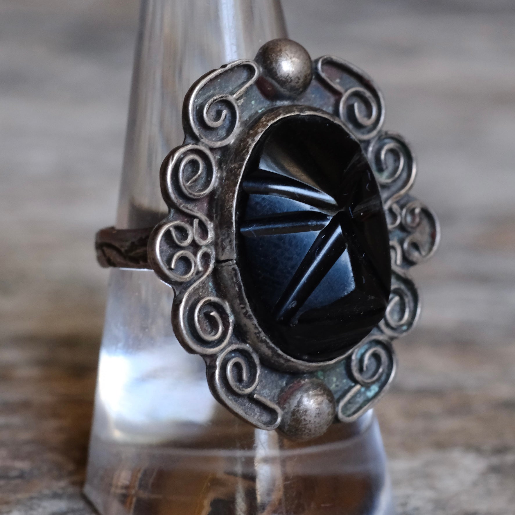 Vintage Sterling Carved Onyx Ring 8.25