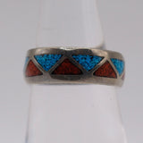 Vintage Sterling Crushed Turquoise and Coral Band Ring 5