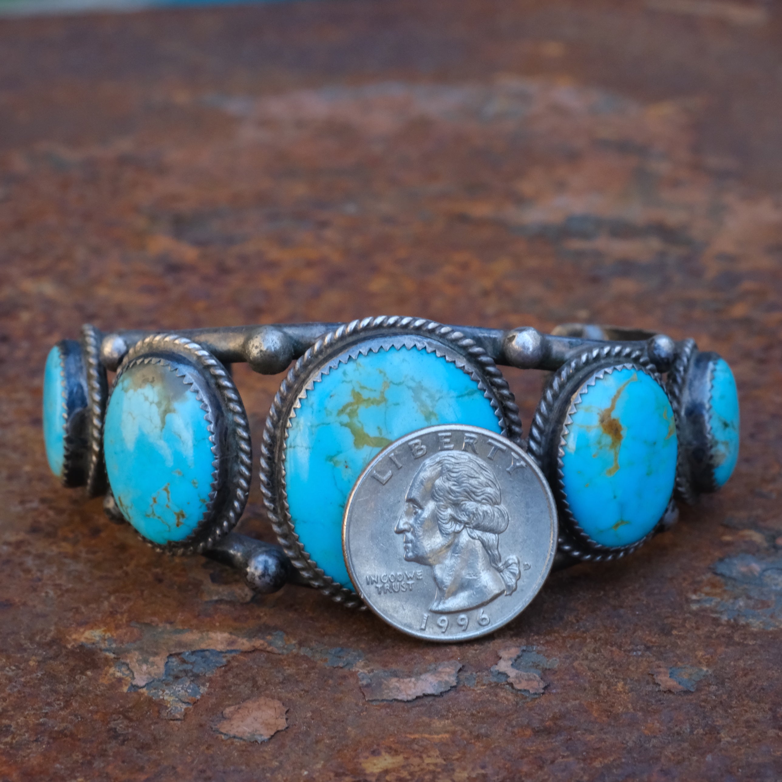 Heavy Vintage Sterling 5-Stone Turquoise Roper Cuff Bracelet