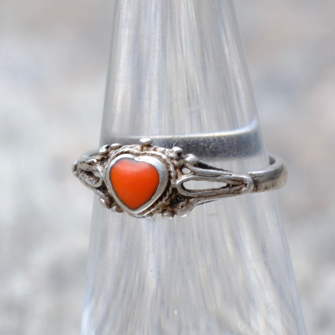 Vintage Sterling Silver Coral Heart Ring 4.75