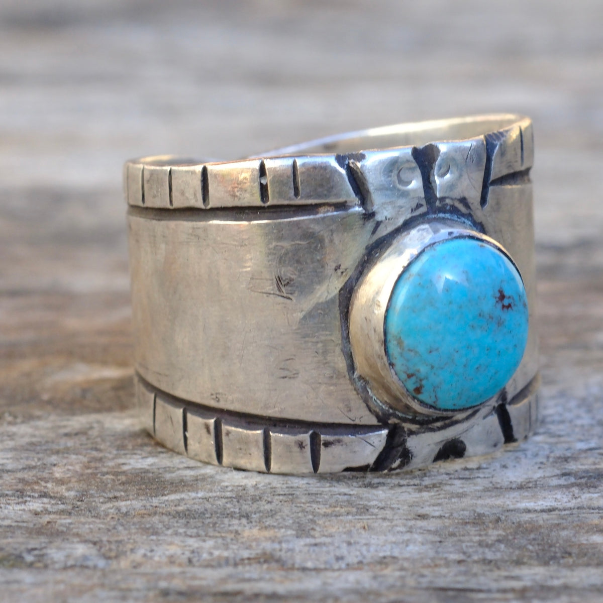 Sterling Silver Bisbee Turquoise Stamped Ring 11
