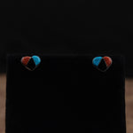 Vintage Sterling Turquoise Onyx and Coral Inlay Heart Earrings