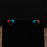Vintage Sterling Turquoise Onyx and Coral Inlay Heart Earrings