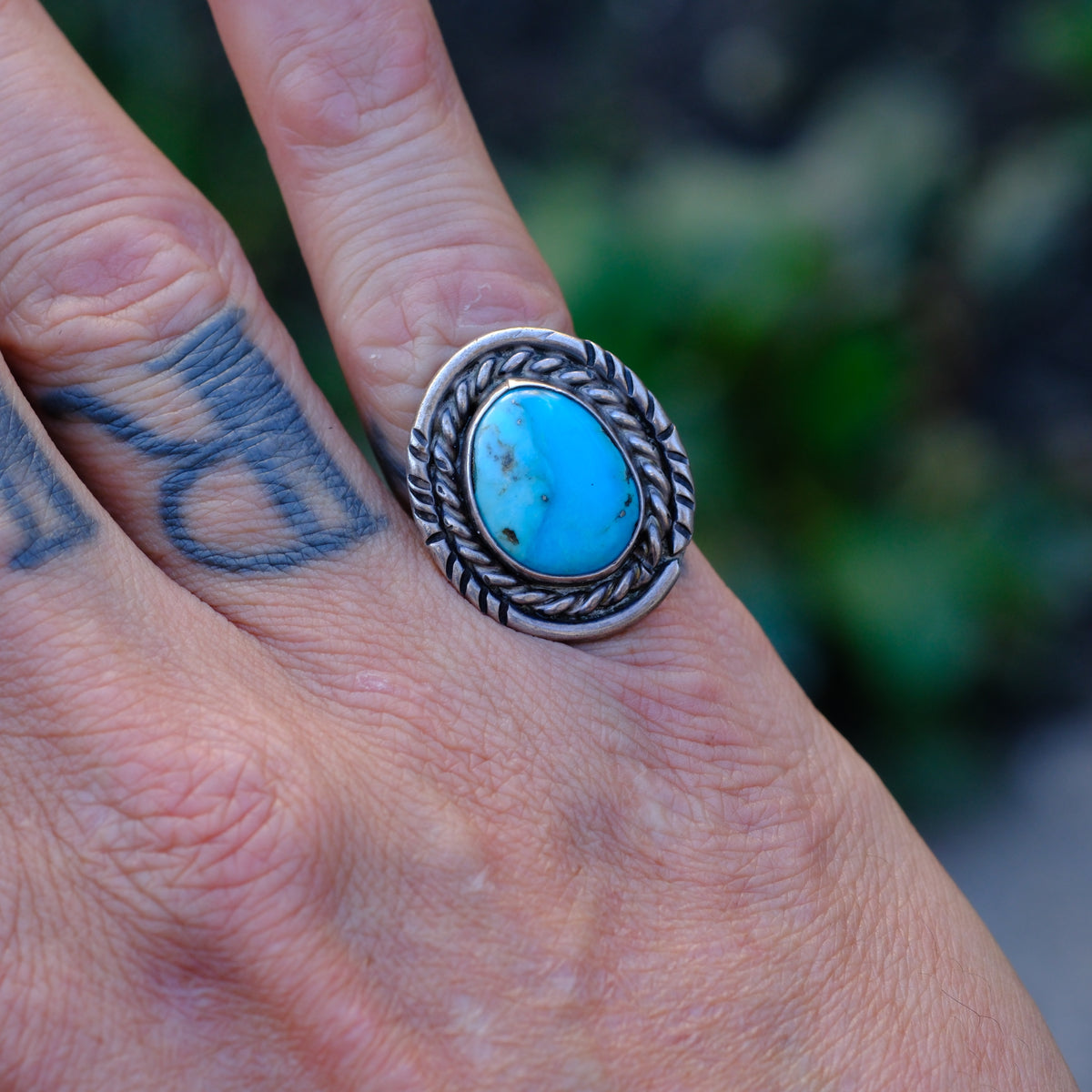 Vintage Sterling Turquoise Roper Ring 6
