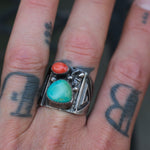 Vintage Sterling Turquoise and Coral Tribal Band 9
