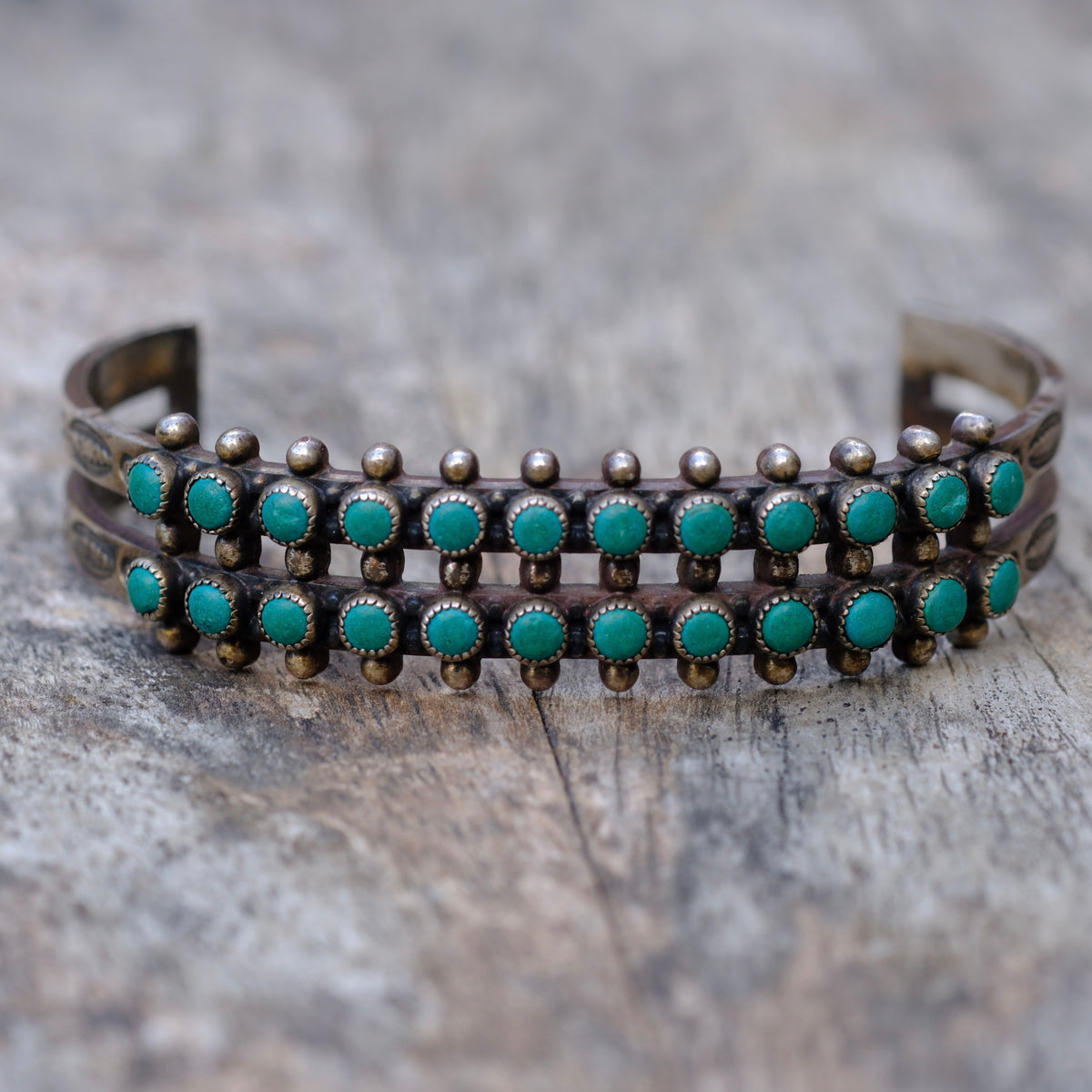 Vintage Sterling Snake Eye Turquoise Double Row Stamped Cuff Bracelet