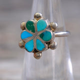 Vintage Sterling Turquoise Inlay Flower Ring 4.25