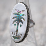 Vintage Sterling Abalone Inlay Palm Tree Ring 6.25