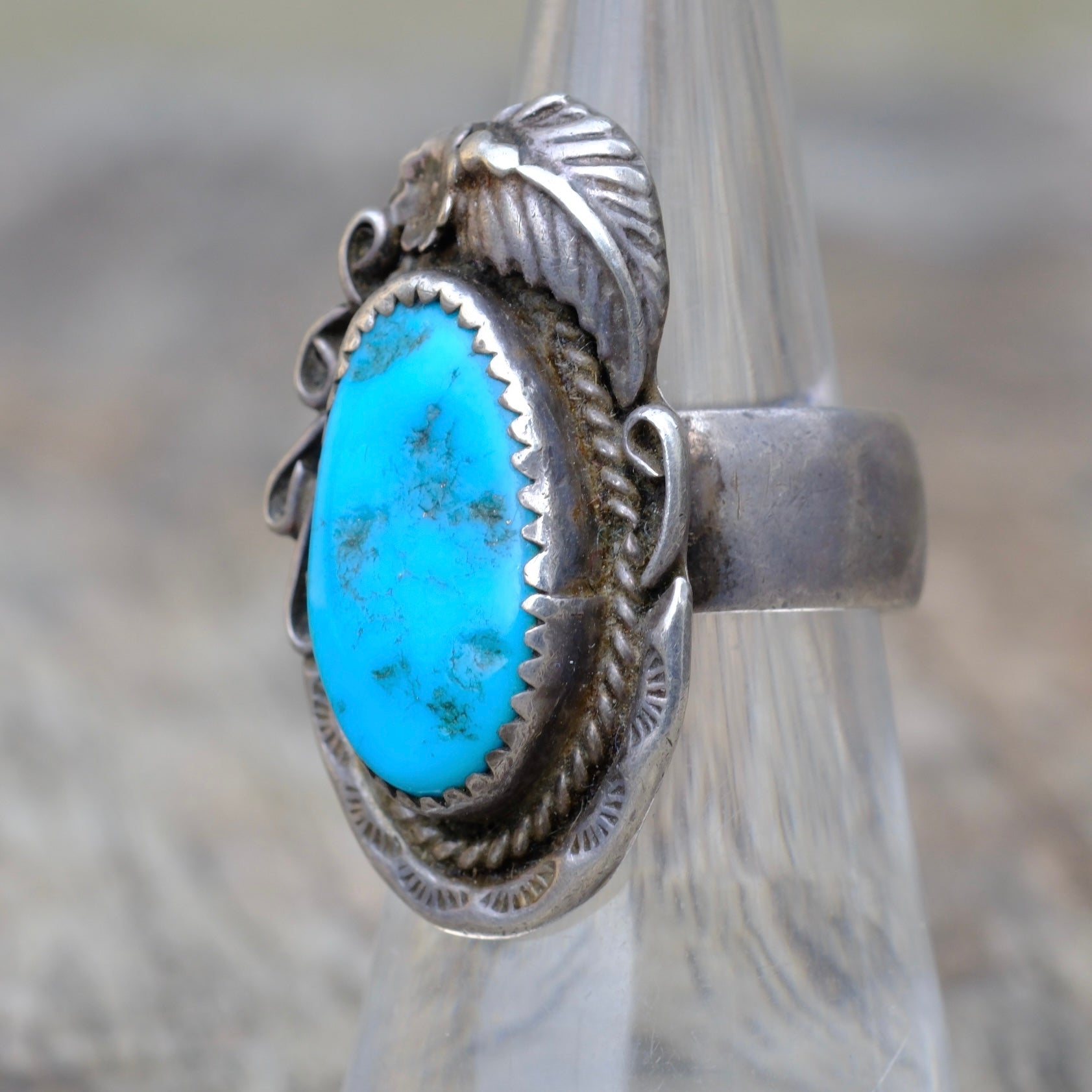 Vintage Sterling Turquoise Feather Ring 5.5