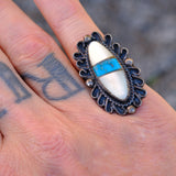 Vintage Sterling Turquoise and Mother Of Pearl Inlay Ring 7