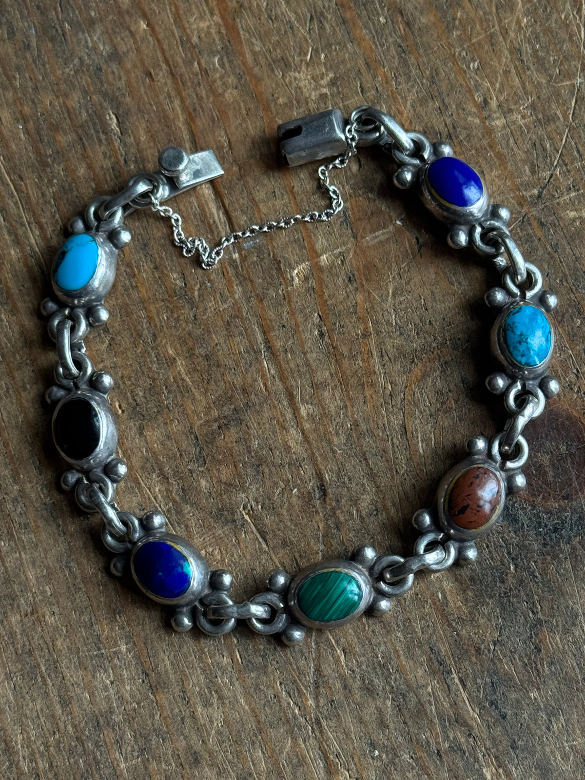 Vintage Sterling Silver Multistone Inlay Bracelet