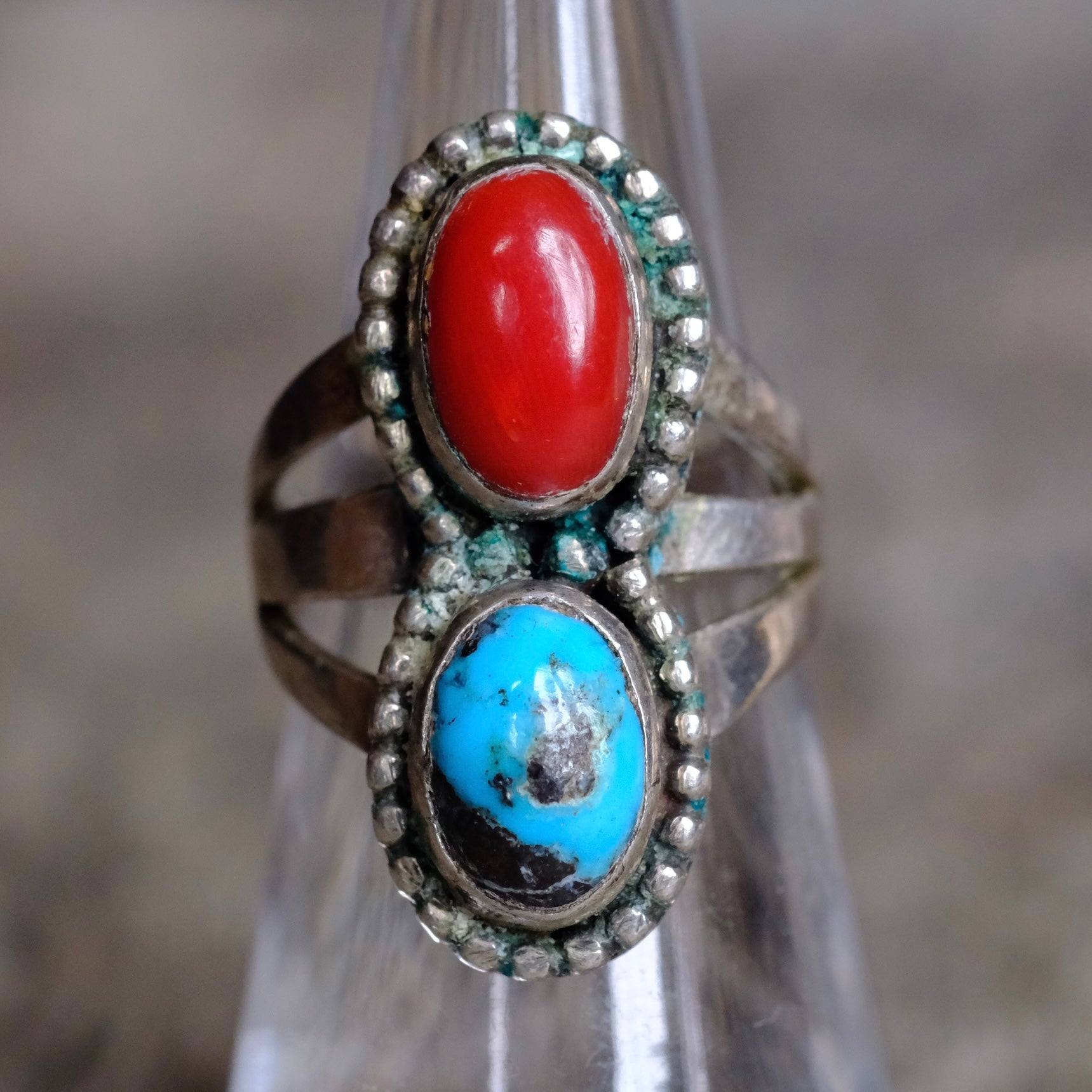Vintage Sterling Turquoise And Coral Roper Ring 5.75