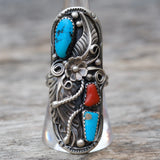 HUGE Vintage Sterling Turquoise and Coral Feather Ring 9.25