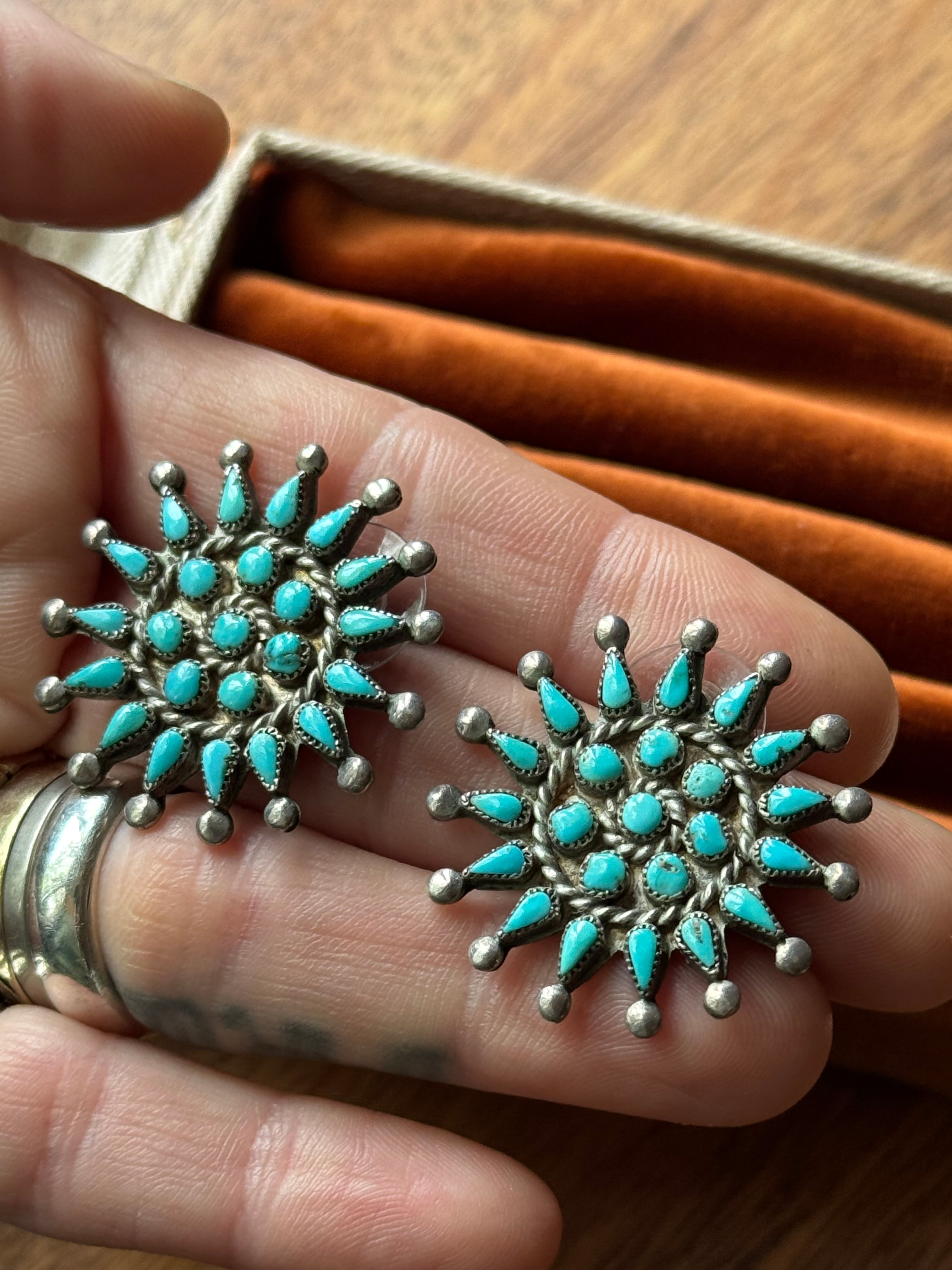 Vintage Sterling Silver Turquoise Cluster Earrings