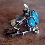 HEAVY Vintage Sterling Blue Gem Turquoise Sandcast Cuff