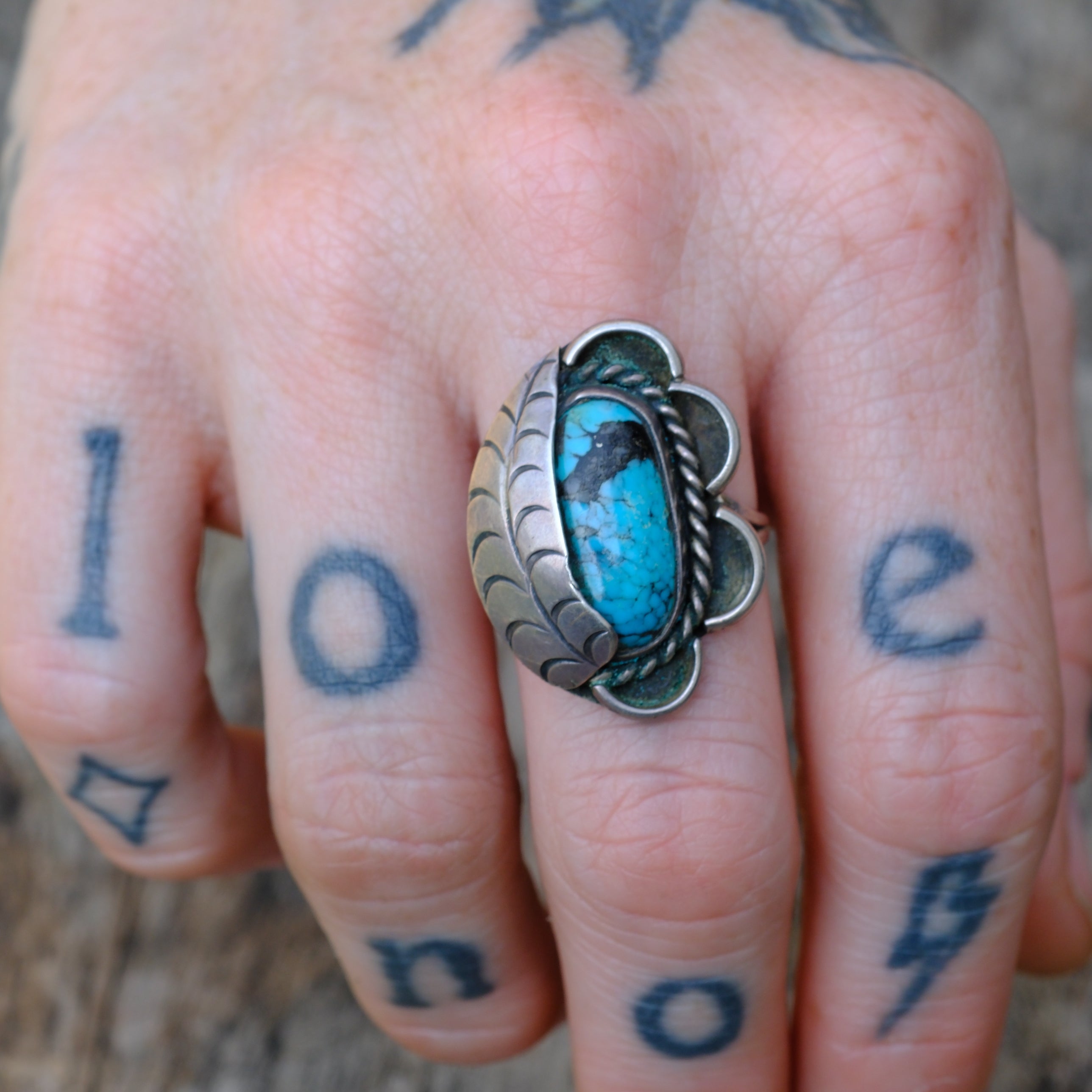 Vintage Sterling Turquoise Feather Ring 7