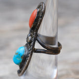 Vintage Sterling Turquoise and Coral Roper Ring 5.25