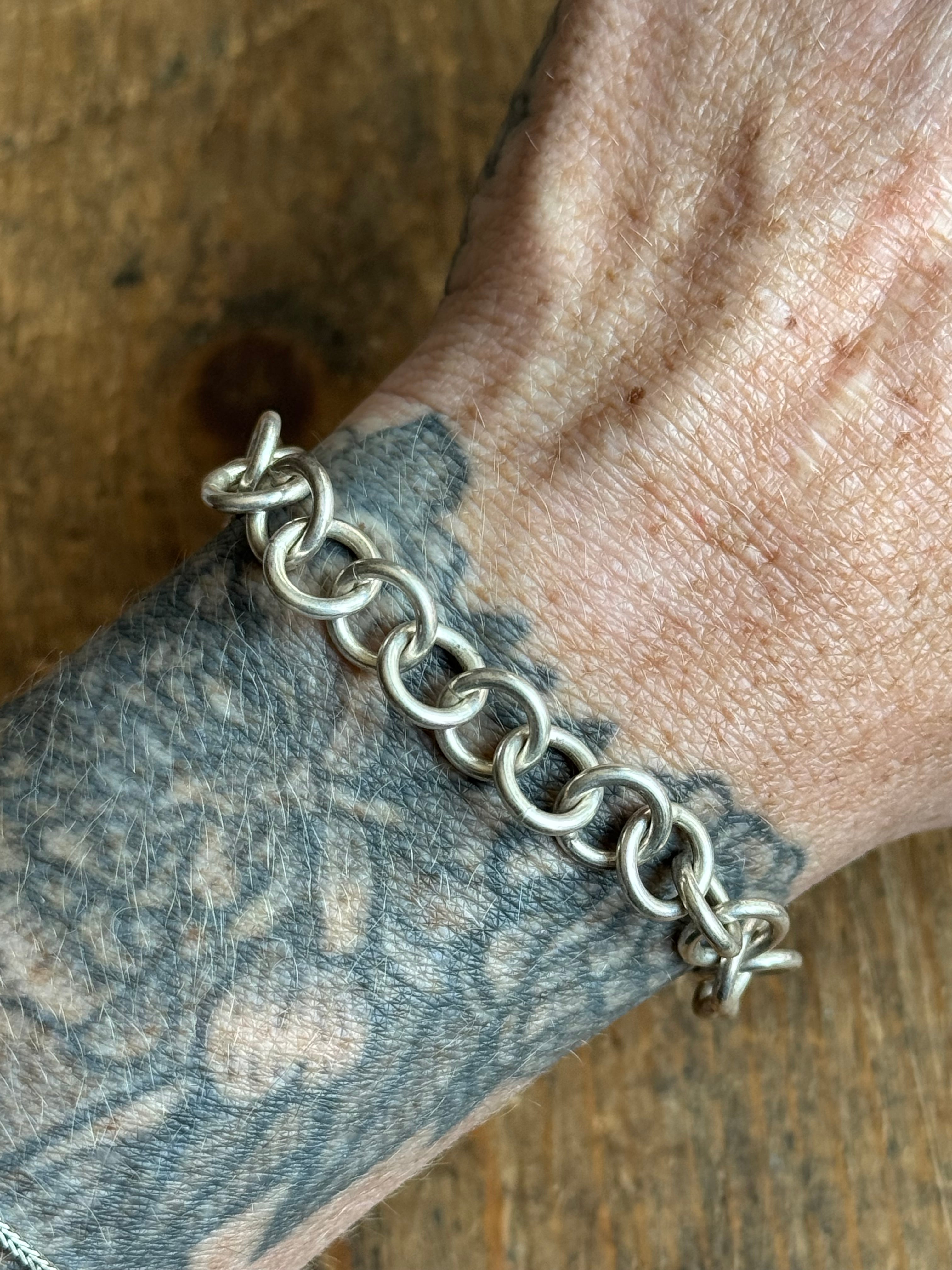 Vintage Sterling Silver 7” Cable Link Heart Tag Bracelet