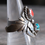 Vintage Sterling Turquoise and Coral Feather Ring 9.75
