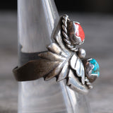 Vintage Sterling Turquoise and Coral Feather Ring 9.75