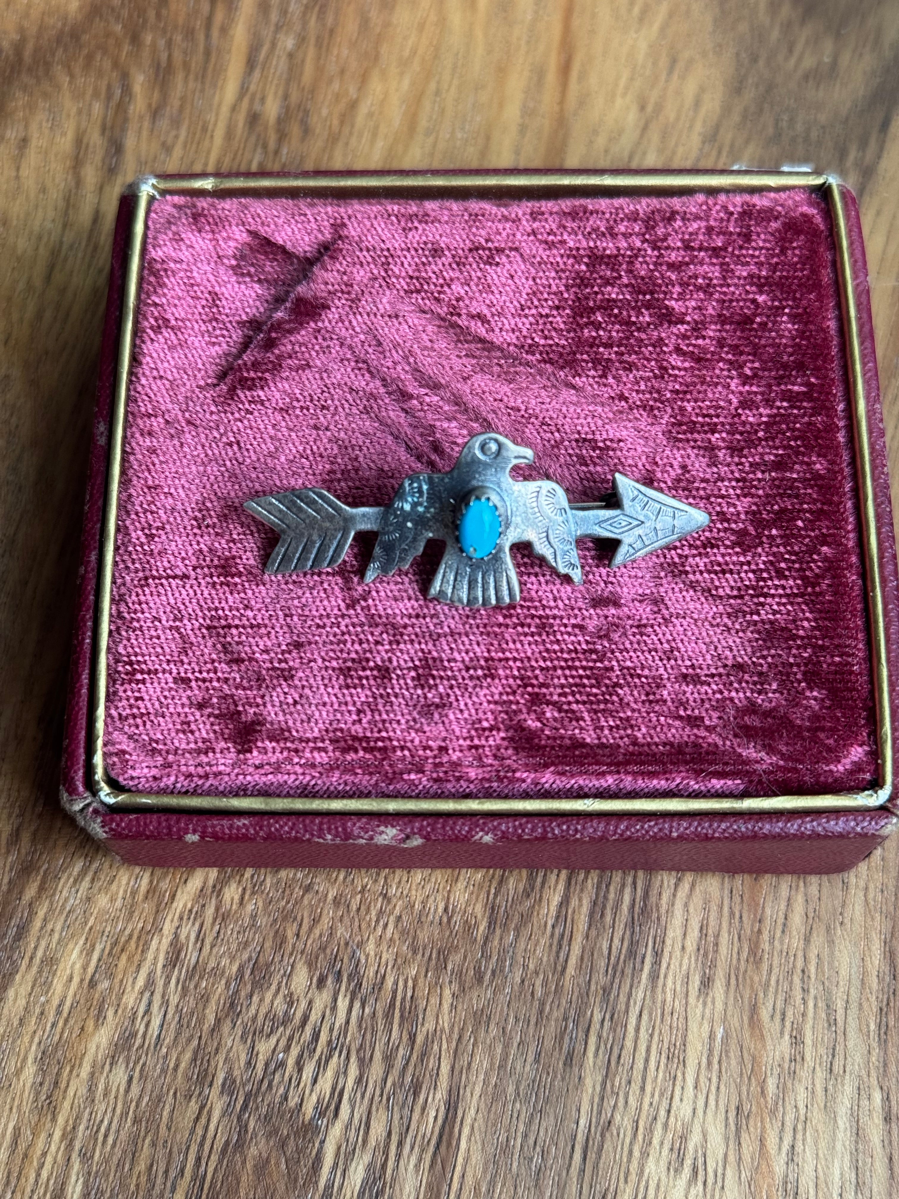 Vintage Sterling Silver Turquoise Thunderbird Arrow Pin