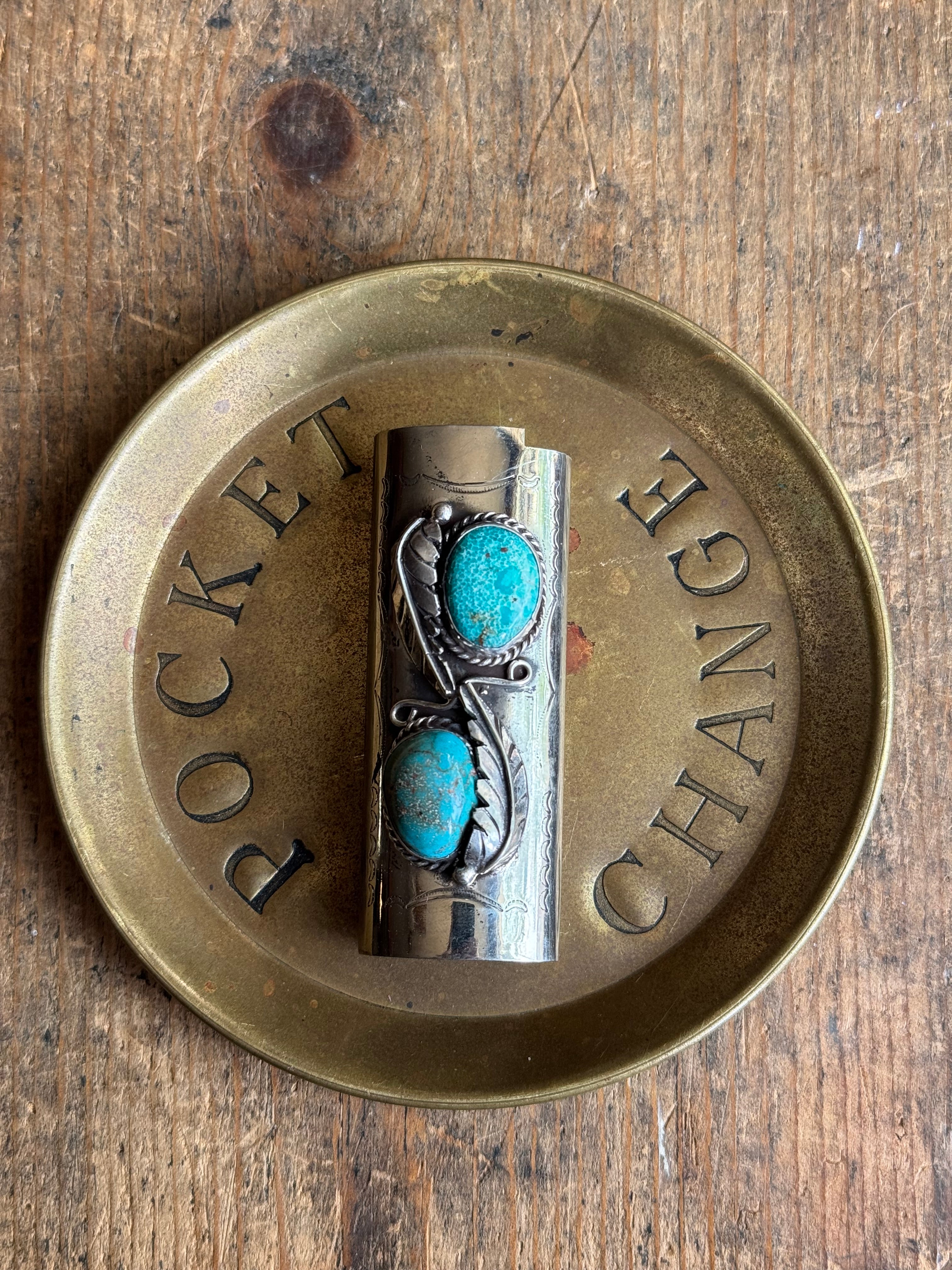 Vintage Stamped Nickel & Sterling Silver Turquoise Lighter Case