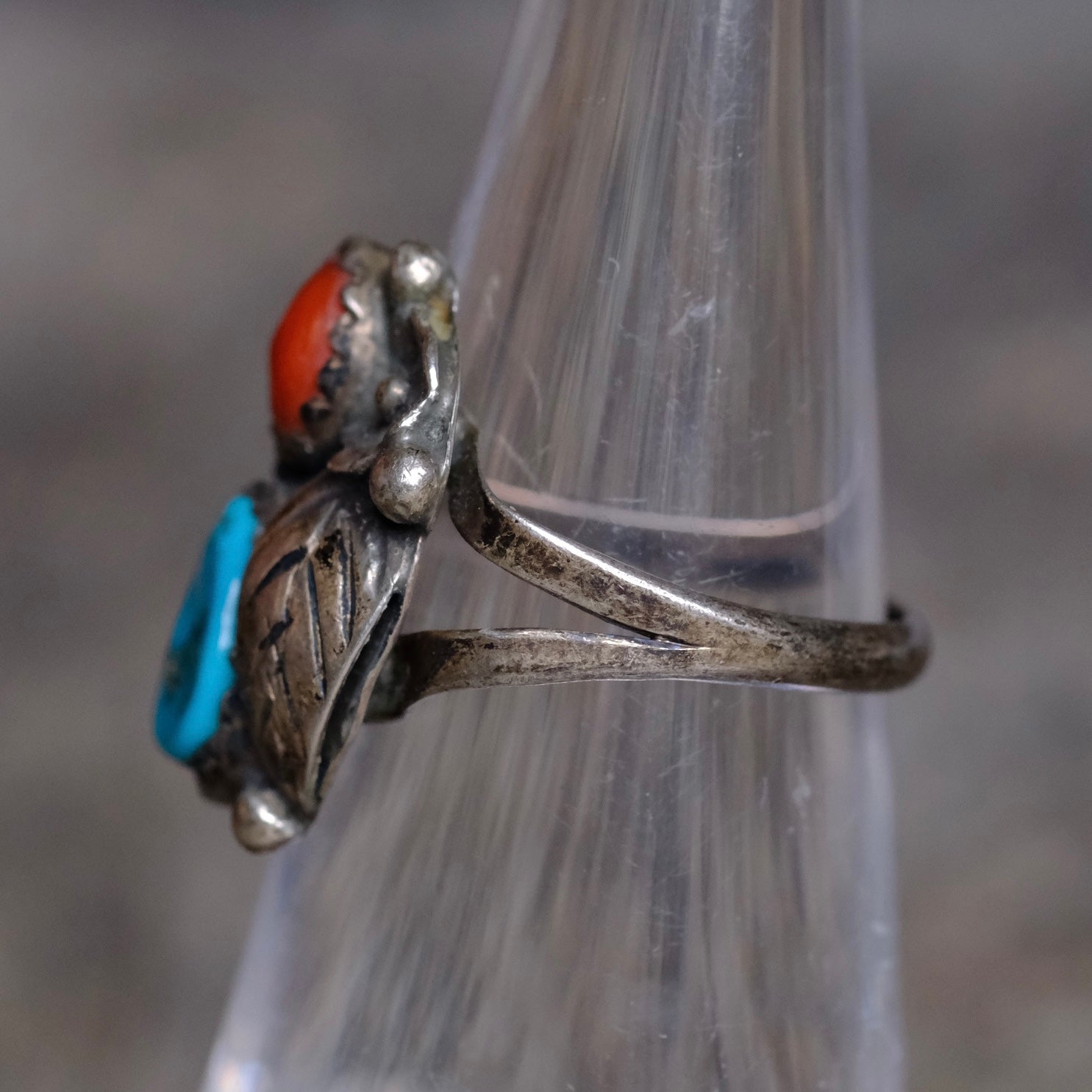 Vintage Sterling Turquoise and Coral Feather Ring 4.75