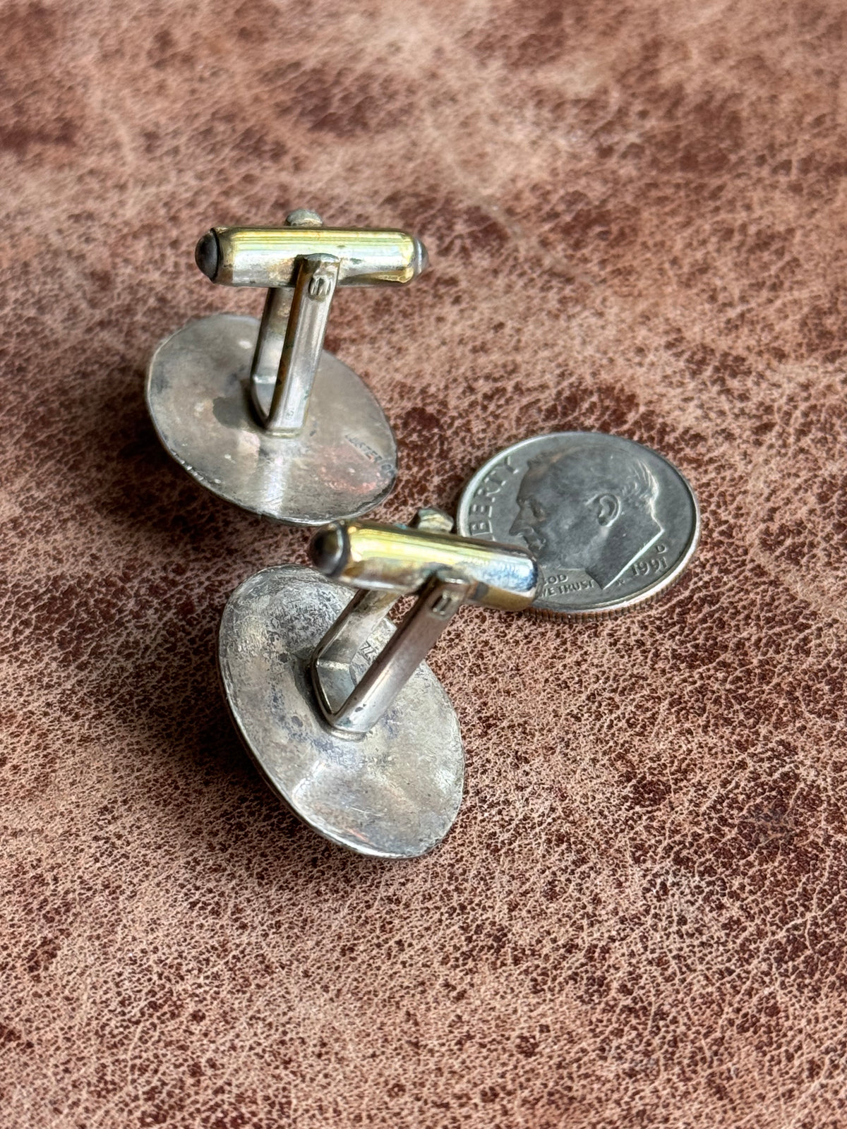 Vintage Sterling Silver Stamped Turquoise Shadowbox Cufflinks