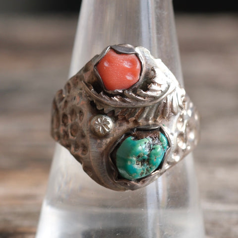 Vintage Sterling Turquoise and Coral Feather Ring 10