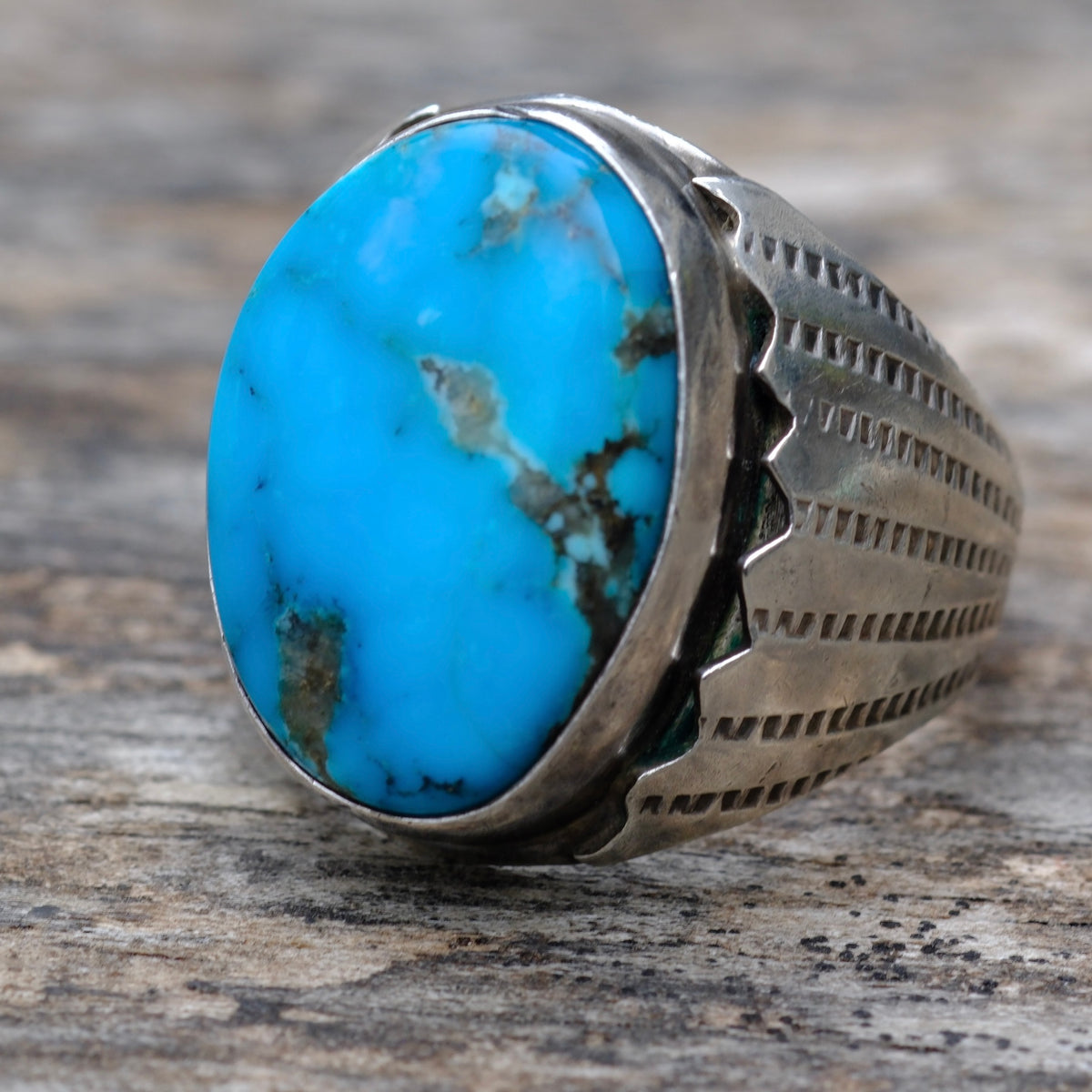 Vintage Sterling Turquoise Ribbed Band Ring 10